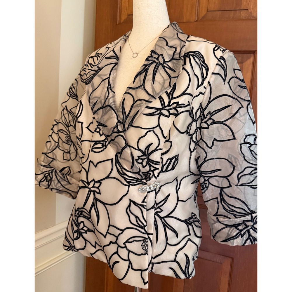 R&M Richards Floral Evening Jacket Womens Size 14 Champagne Semi-Sheer Wedding